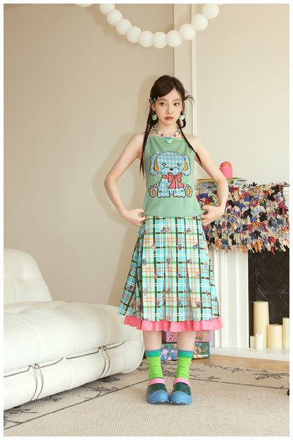 Tntntutu Green Checkered Pleated Skirt with Pink Trim and Cute Animal Print