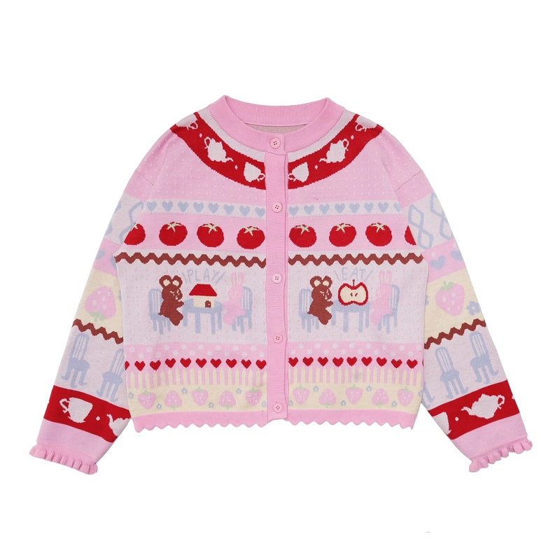 Meugler Bear Rabbit Playhouse Colorful Cute Striped Knit Set – Cardigan & Skirt set Land Decora
