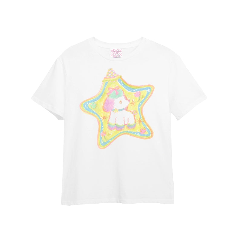 Meugler Animal Paradise Double Bunny & Heart/Star Puppy Print Couple White T-shirt