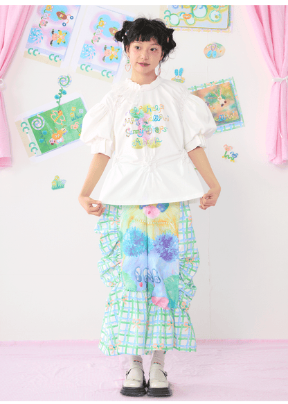 HELPHELP Harajuku Style Colorful Graffiti Illustration Lace Trim Ruched Puff Sleeve White T-shirt