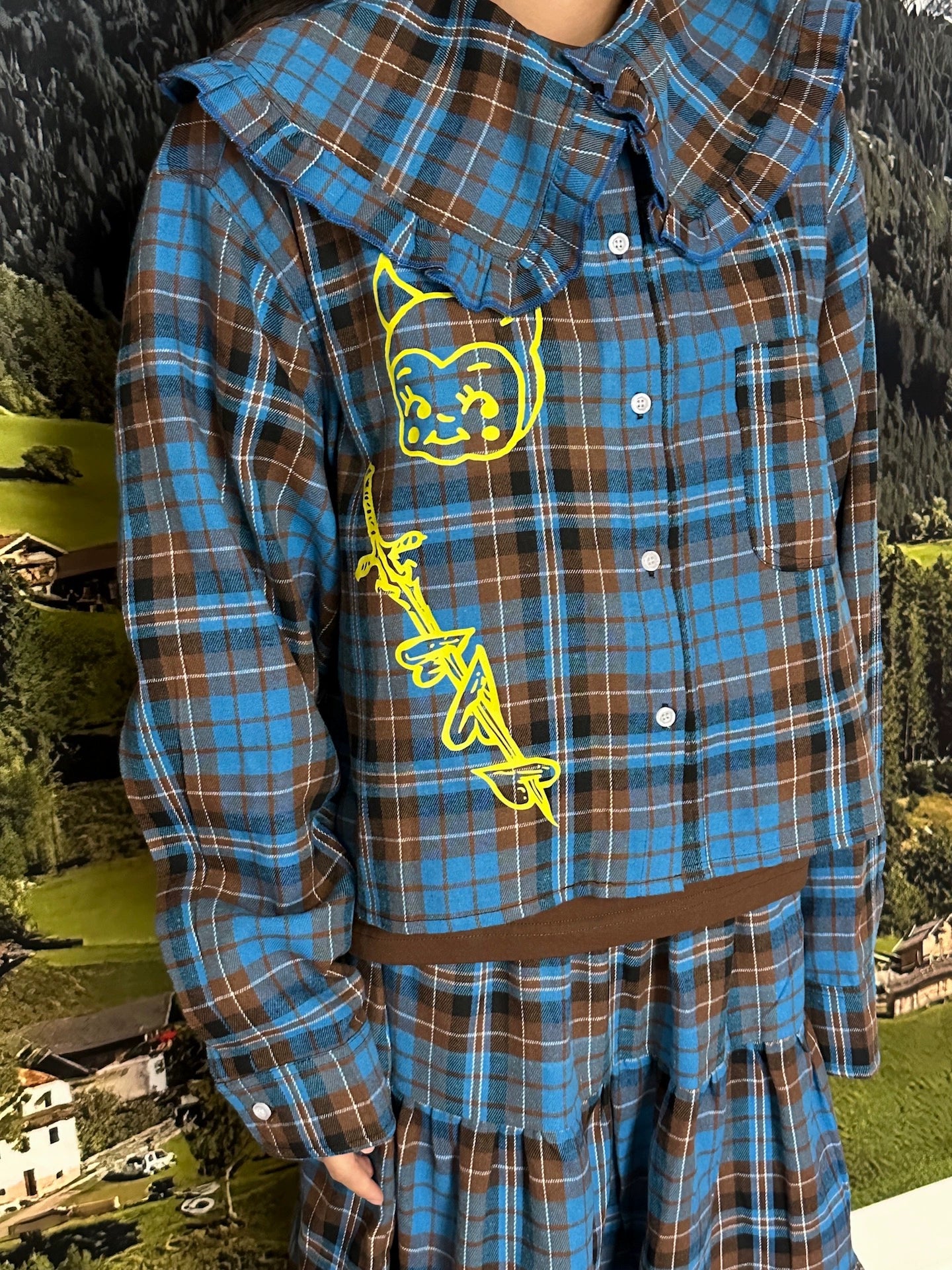 BunnyBunnyGun - Vintage Blue Plaid Ruffle Collar Loose Shirt blouse bunnybunnygun