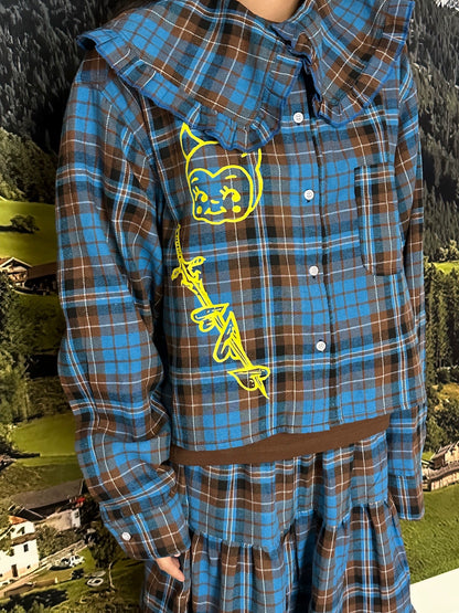 BunnyBunnyGun - Vintage Blue Plaid Ruffle Collar Loose Shirt blouse bunnybunnygun