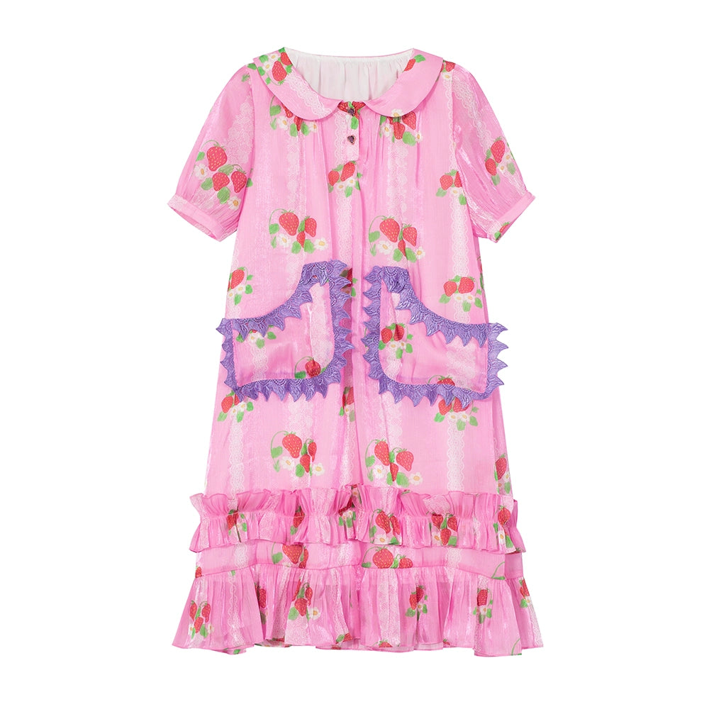 tntntutu Pink Strawberry Dress with Doll Collar Satin Ruffled Hem Dress