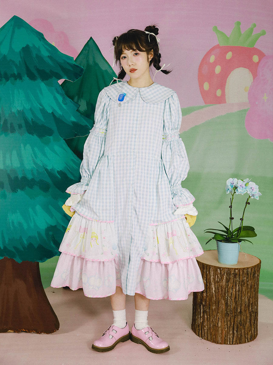 Meugler Angel Orchid Print Lolita Court Dress – Blue Plaid dress Meugler