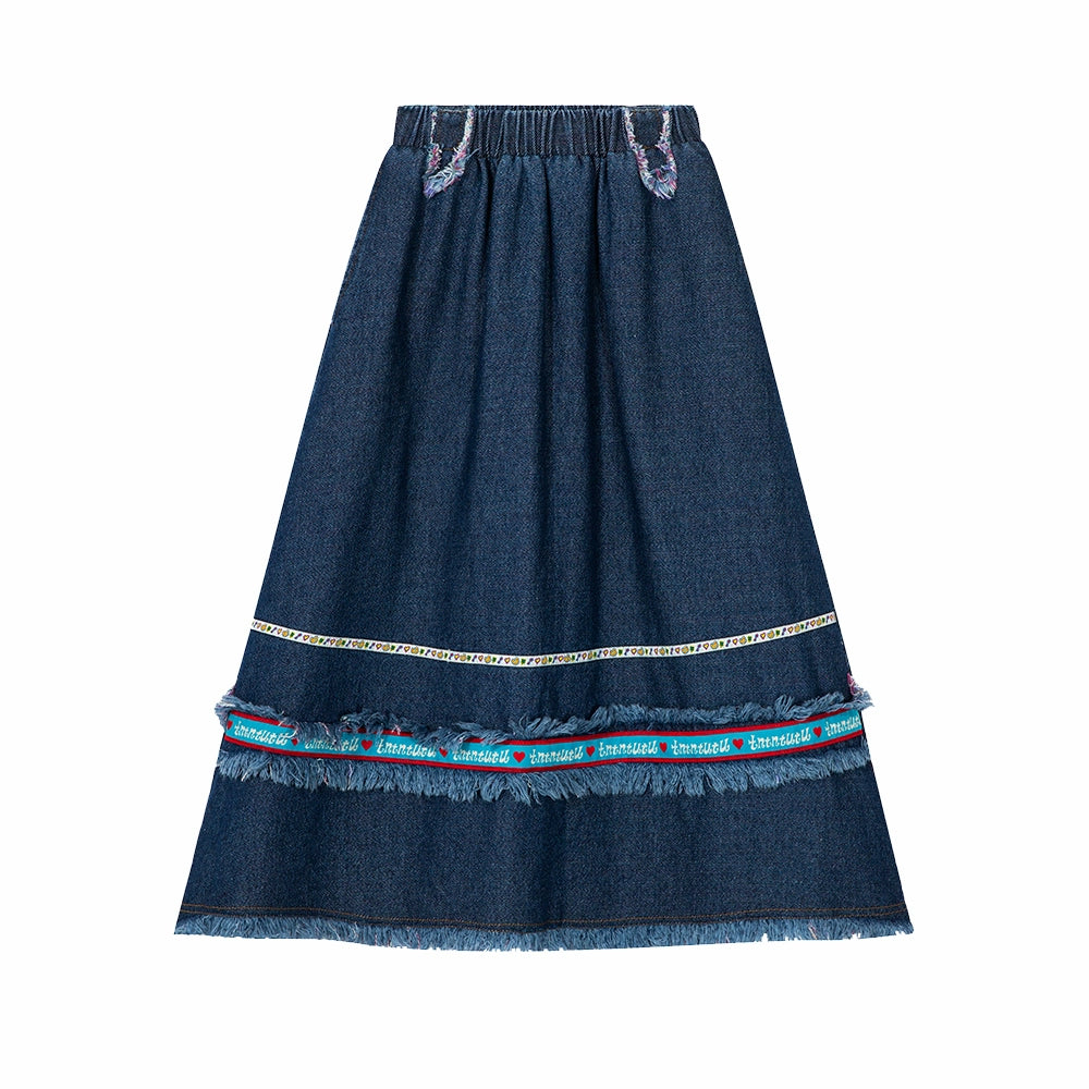 tntntutu Cartoon Two-Woven Straps Denim Skirt with Tassels