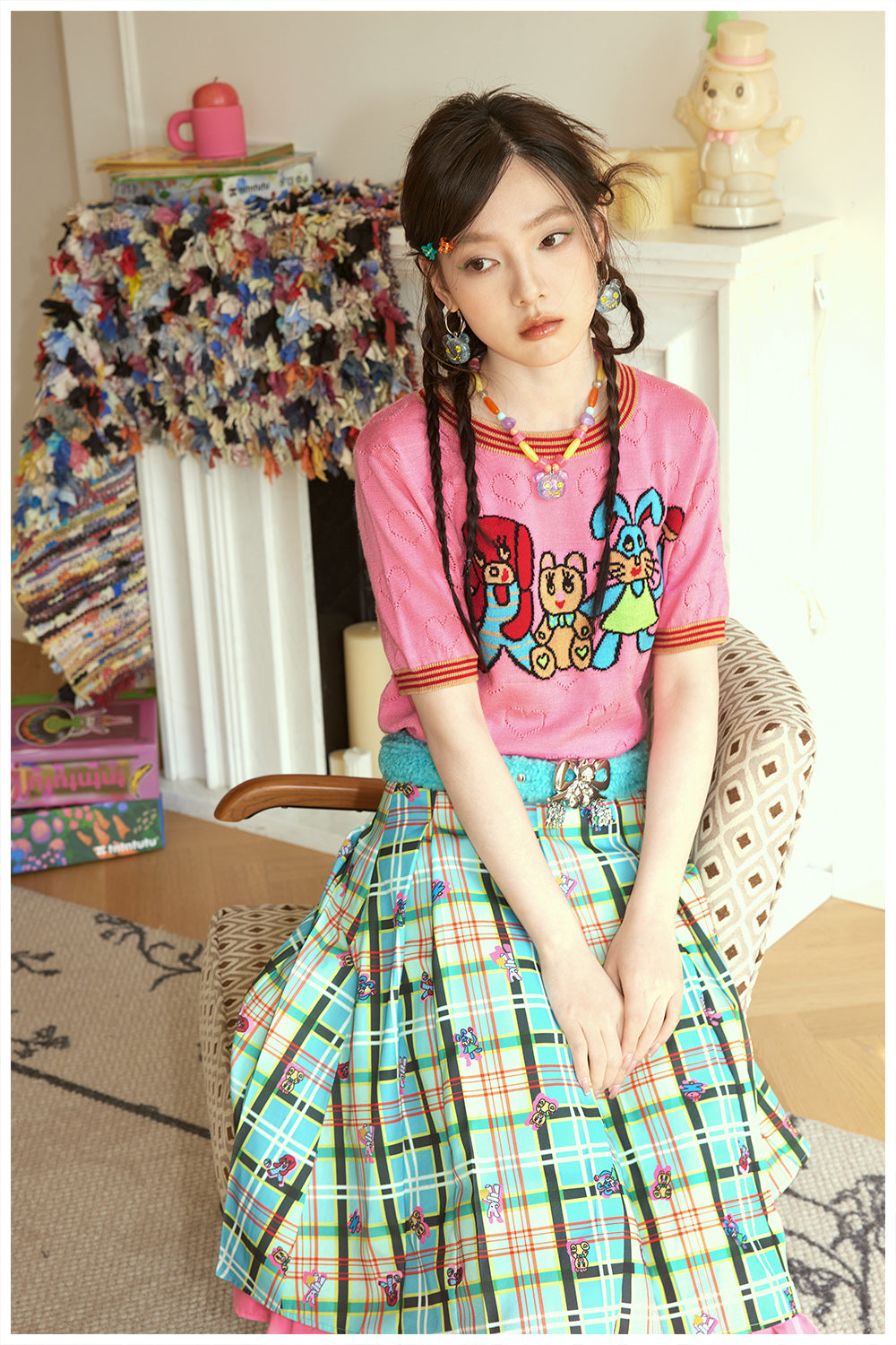 Tntntutu Green Checkered Pleated Skirt with Pink Trim and Cute Animal Print