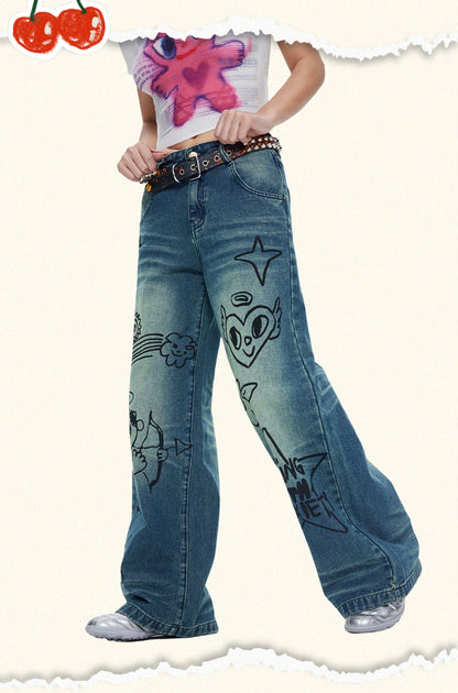 Iscreamcolour Printed Loose Jeans Girly Fashion