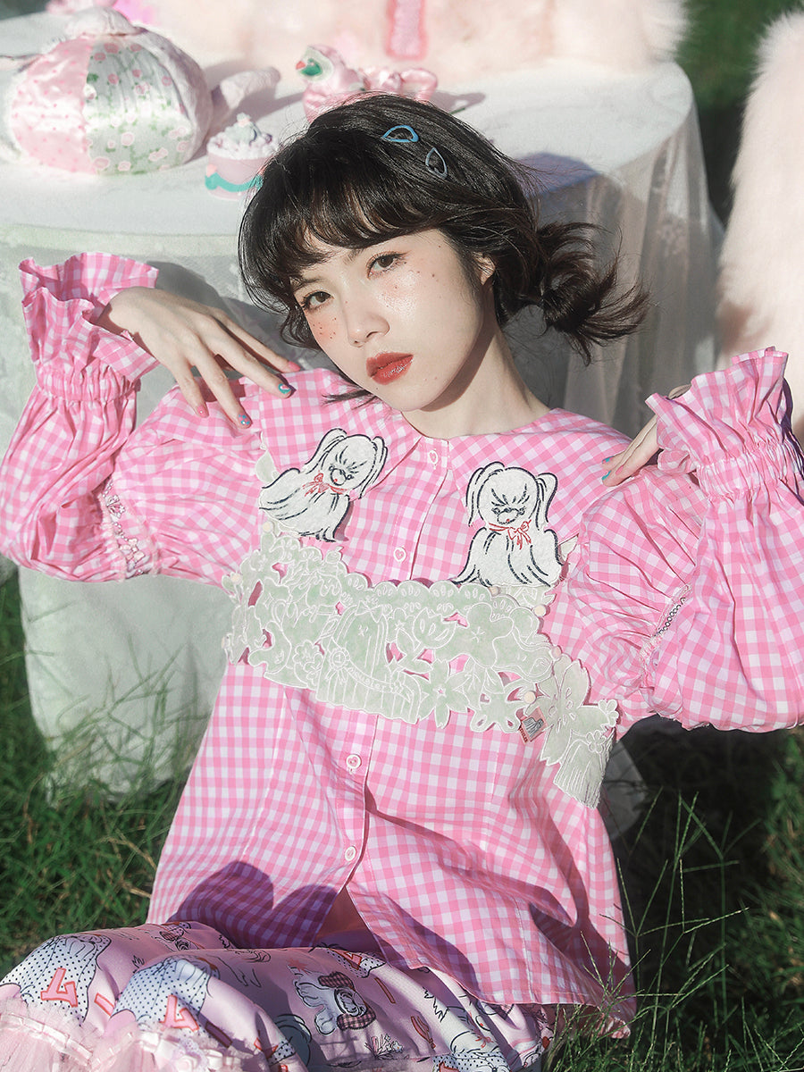 Meugler Long-Haired Dog Embroidery Yuanbao Collar Puff Sleeve Embroidered Court Shirt shirt Meugler