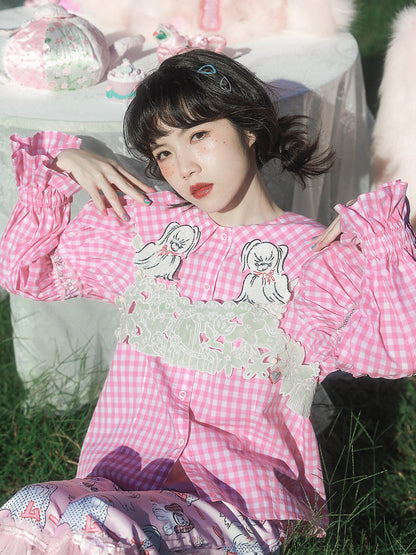 Meugler Long-Haired Dog Embroidery Yuanbao Collar Puff Sleeve Embroidered Court Shirt shirt Meugler