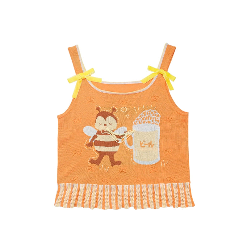 Meugler Bee Drinking Beer Bow Knot Hand-Stitched Yarn Knit Cami