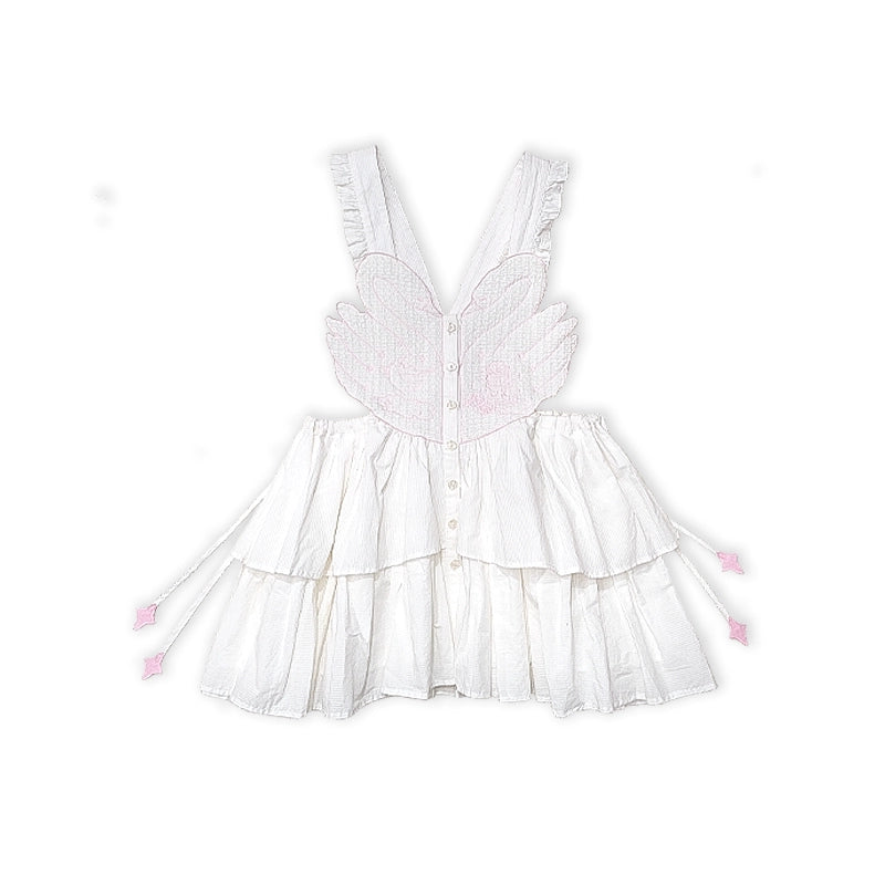 Meugler Forest Secret Swan Embroidery Asymmetric Drawstring Apron Sweet Layered Dress