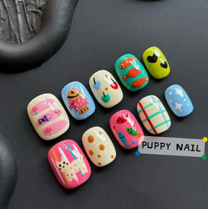 Puppy Kitten and Fish Hand-Painted Cute Cartoon Wearable Nail Art