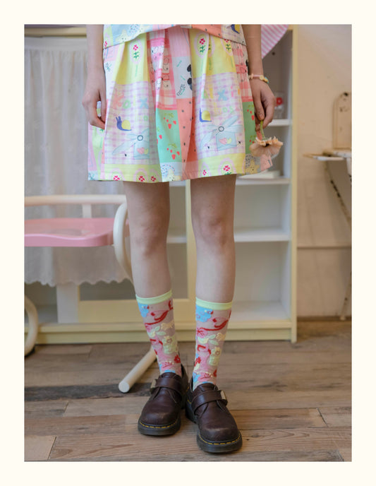 Harajuku panda paradise color-block pleated skirt with cute design