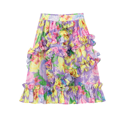 Tntntutu Purple Floral A-Line Glitter Skirt with Ruffled Hem