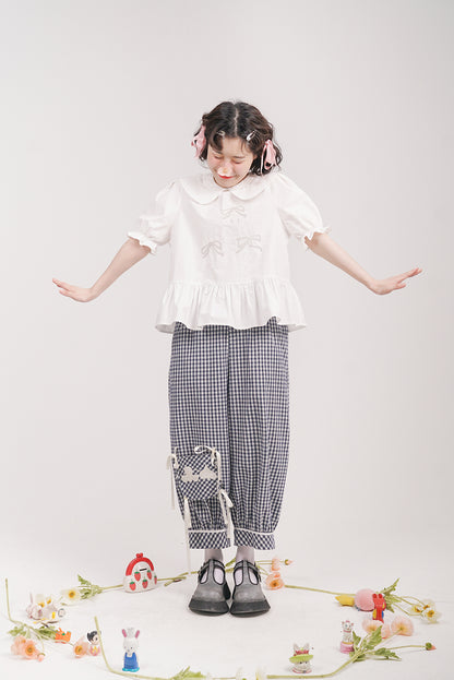 HELPHELP Original Summer Detachable Tie-Up Checkered Cropped Pants