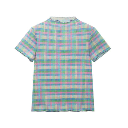 Tntntutu Plaid Mesh Ruffle Trim Short-Sleeve Layering Top