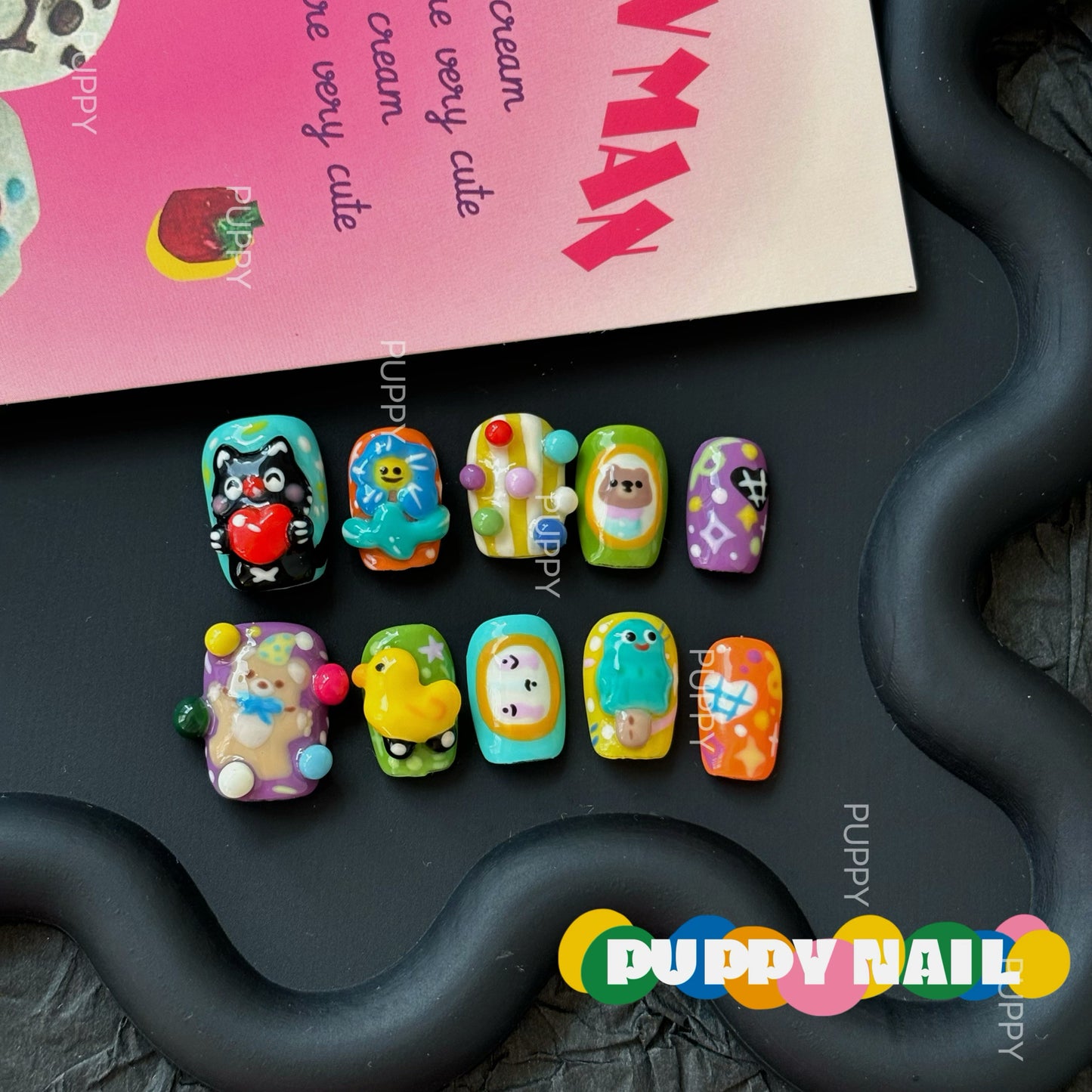 PUPPY Kid Fun Park Handmade Wearable Nail Set 3D Kitten Nails