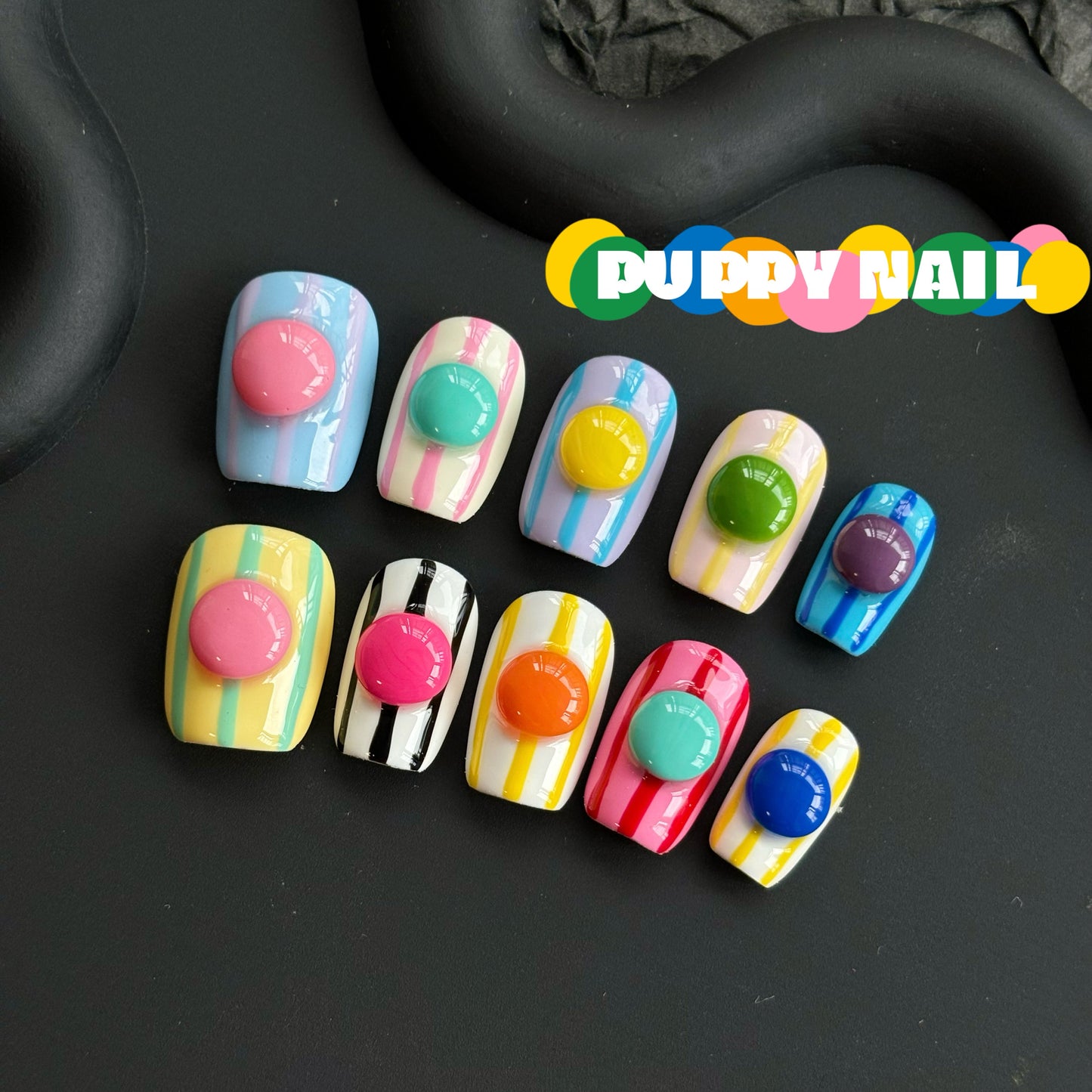 Puppy Rainbow Jelly Bean Wearable Nail Art | Macaron Line 3D Candy Hand-Painted Nails