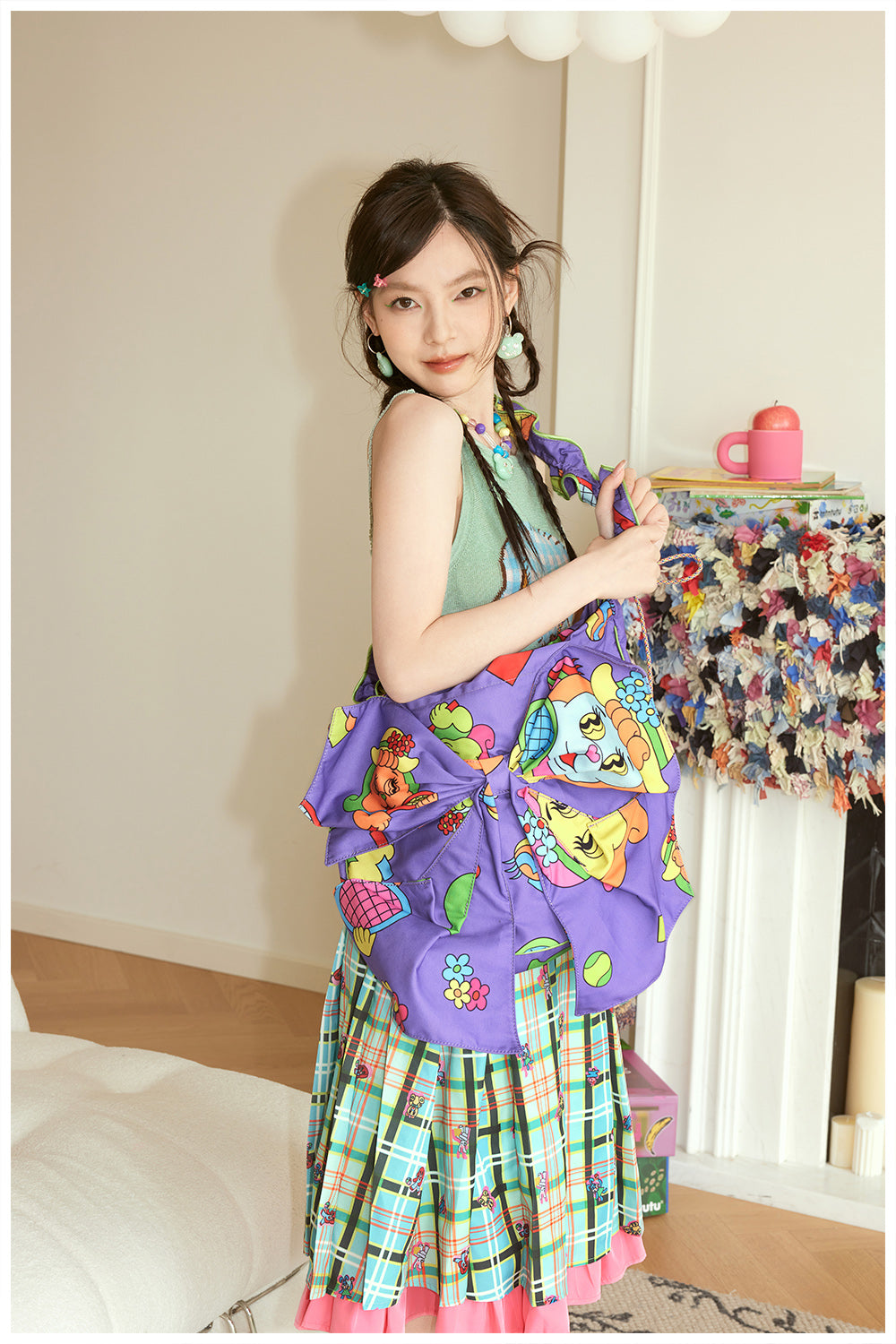 Tntntutu Purple Bow Crossbody Bag with Geometric Animal Design & Adjustable Drawstring