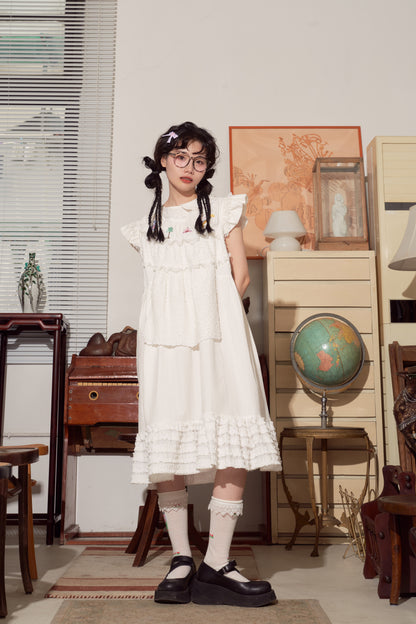 HELPHELP Harajuku Style Electric Magic Embroidered Textured White Versatile Vest Dress