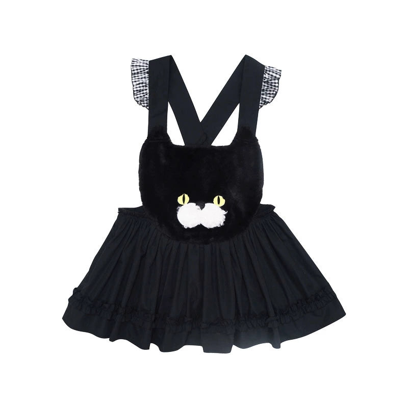 Meugler Soft Plush Black Cat Embroidered Lace Apron Vest – Harajuku Layered Style apron Meugler