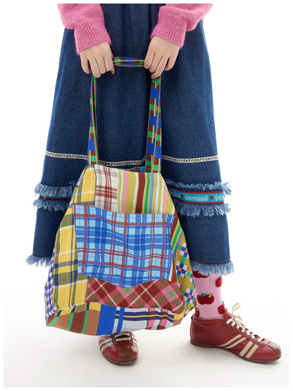 tntntutu Colorful Plaid Canvas Drawstring Shoulder Bag