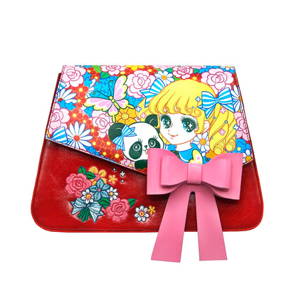 Tntntutu Retro Red Square Bag with Shojo Print and Embroidered Flowers, Pink Bow Detail