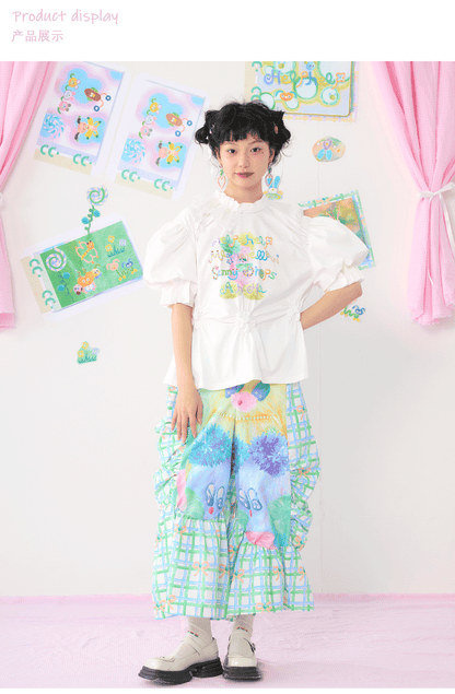 HELPHELP Harajuku Style Colorful Graffiti Illustration Lace Trim Ruched Puff Sleeve White T-shirt