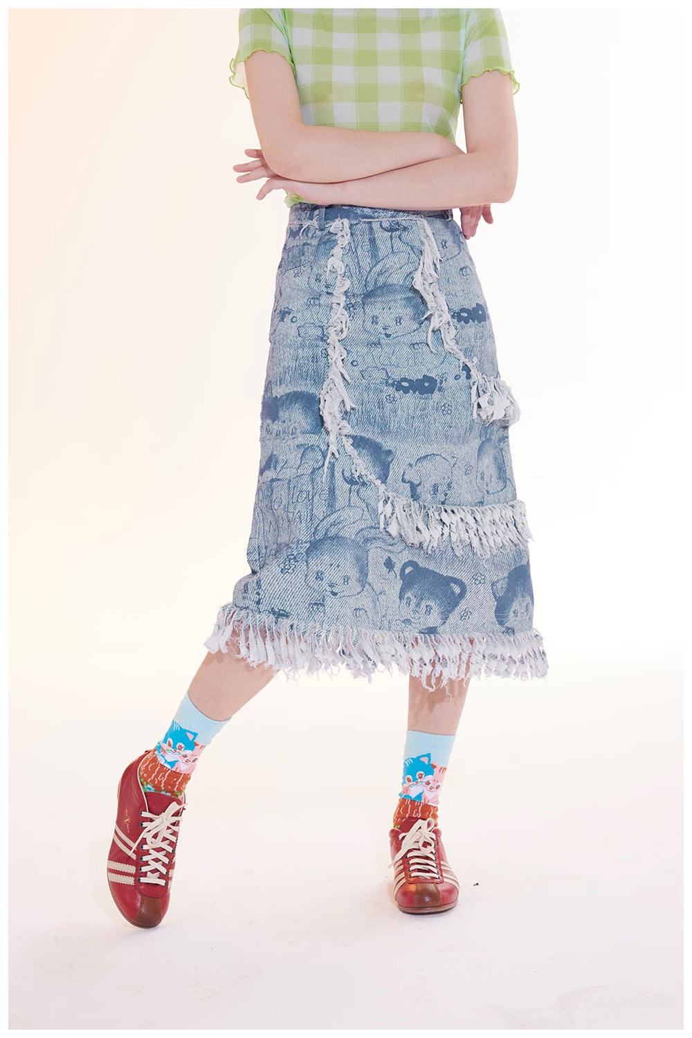 Tntntutu Light Blue Animal Print Fringe Mid-Length A-Line Skirt