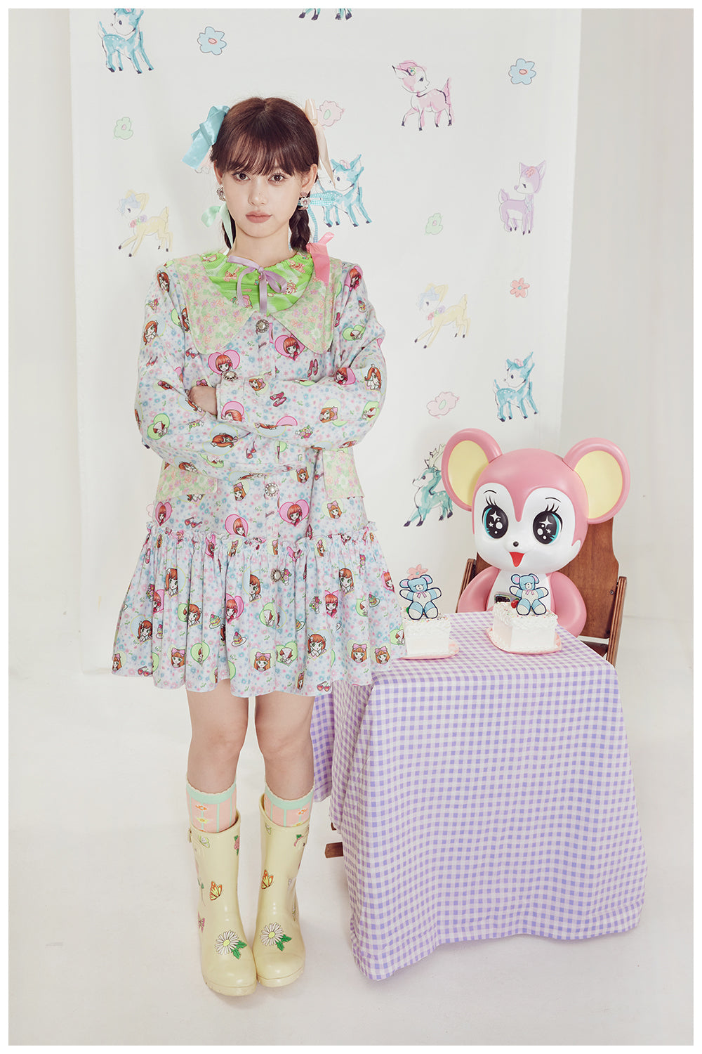 Tntntutu White Heart Woolen Coat with Print and Ruffled Hem