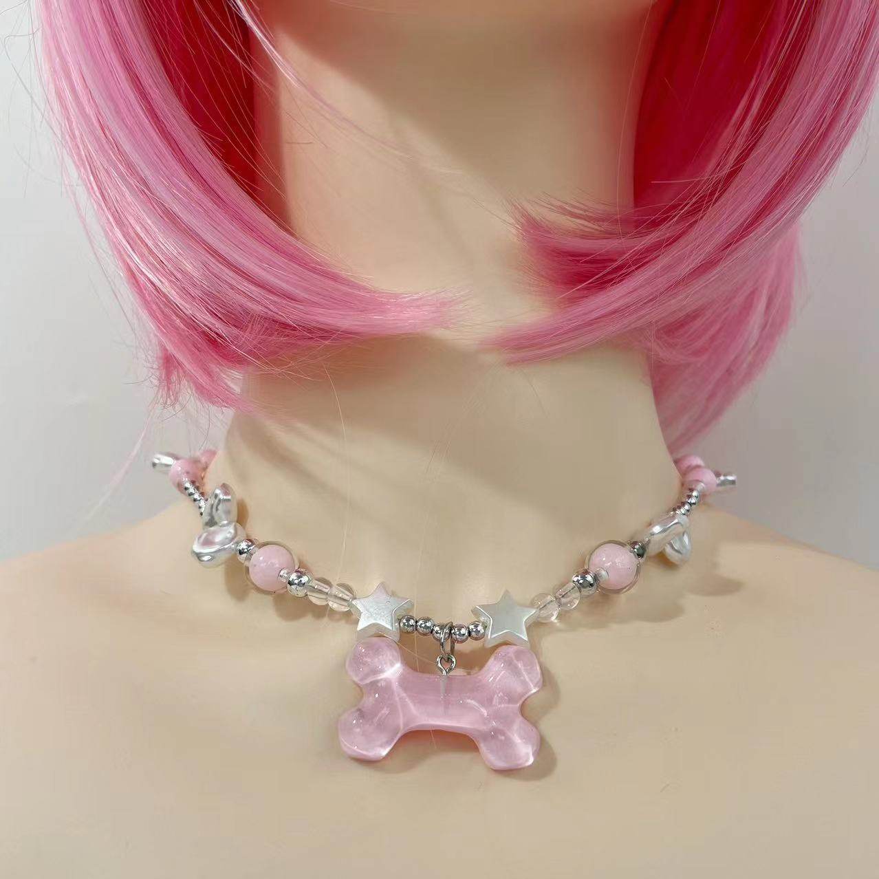 Y2K Clear Bone Pendant Necklace necklace none Pink