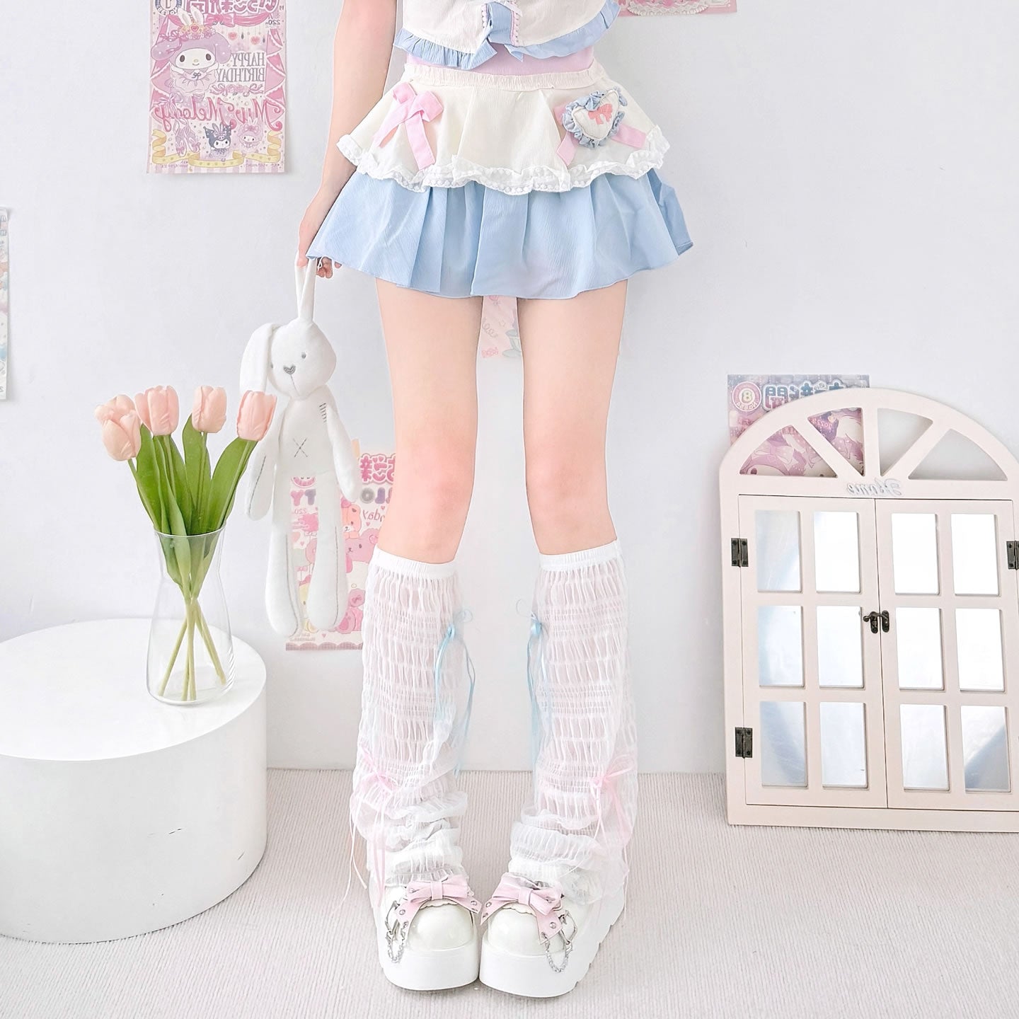 2 Bears - Kawaii Chiffon Flared Leg Warmers with Bows leg warmmers 2 bears White with Bows - 1 Pair