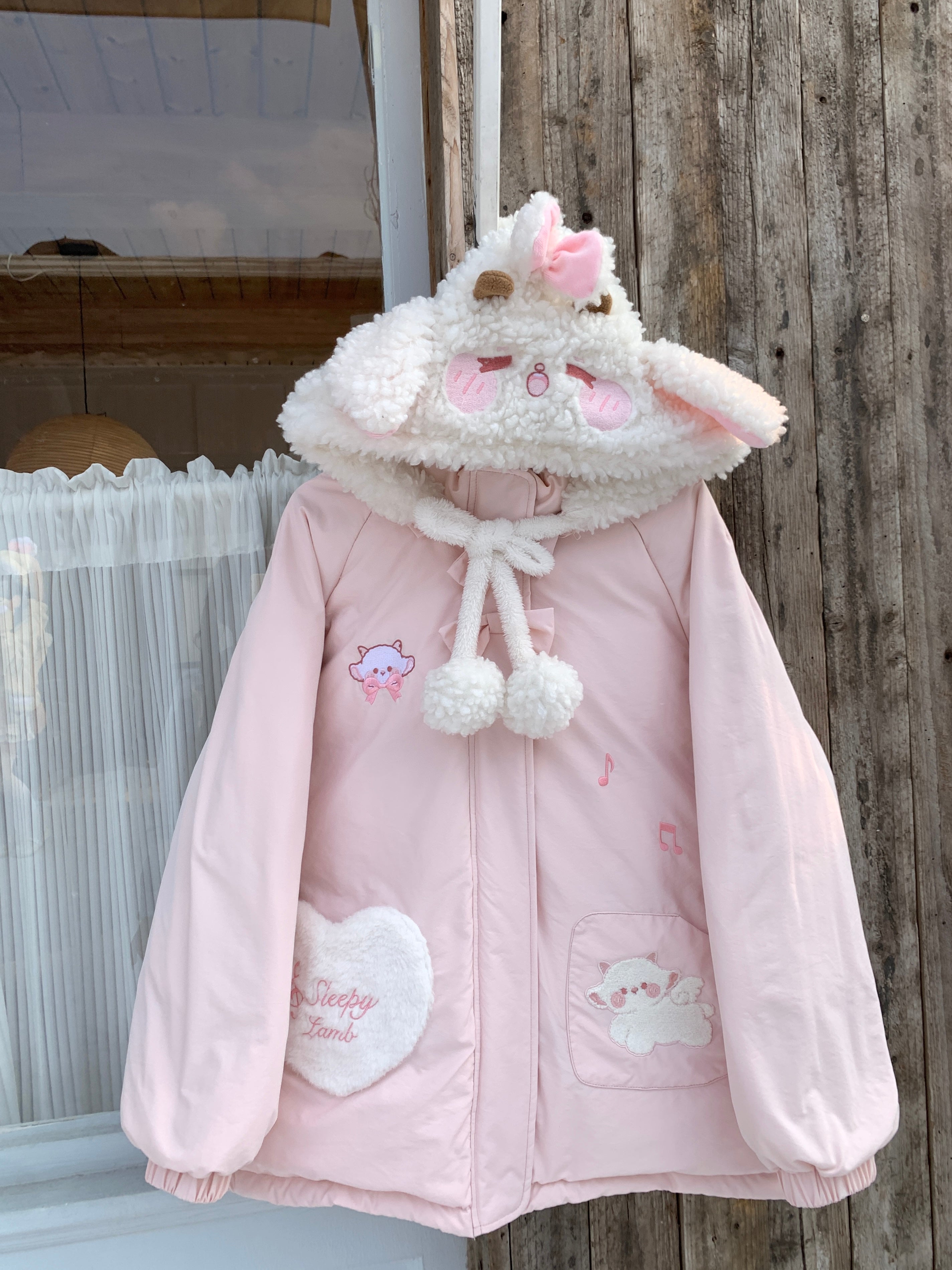 Kawaii Lamb Hood Puffer Jacket - Blurred Bear | Land Decora