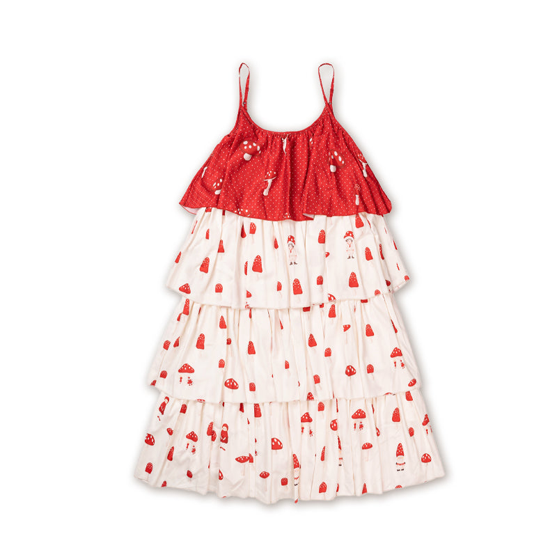 Meugler – Kawaii Red Mushroom Layered Ruffle Cami Dress