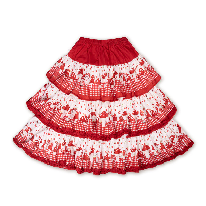 Meugler – Kawaii Mushroom Print Red Plaid Layered Cake Skirt