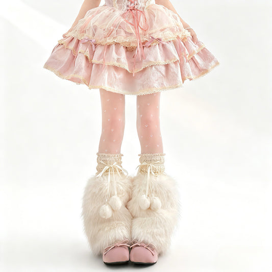 2 Bears - Y2K Faux Fur Leg Warmers Socks leg warmmers 2 bears Ivory Leg Warmers + Ivory Pom-Pom Calf Socks