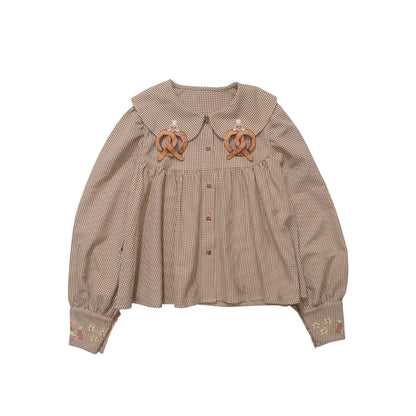 Meugler Two-Tone Mole Alkali Water Knot Embroidery Checkered Doll Collar Long Sleeve/Short Sleeve Shirt shirt Meugler