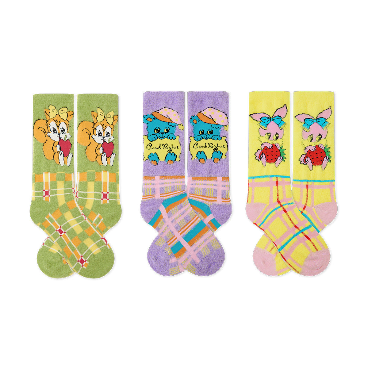 tntntutu - Kawaii Vintage Socks Fuzzy Plaid Animal Socks Set socks tntntutu