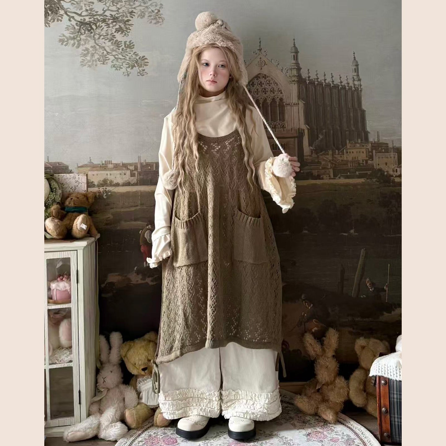 Labeau - Kawaii Retro Knit Hollow Strap Overlay Dress dress Labeau Brown