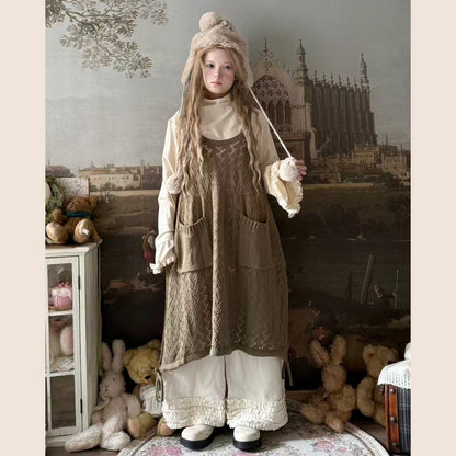 Labeau - Kawaii Retro Knit Hollow Strap Overlay Dress dress Labeau Brown
