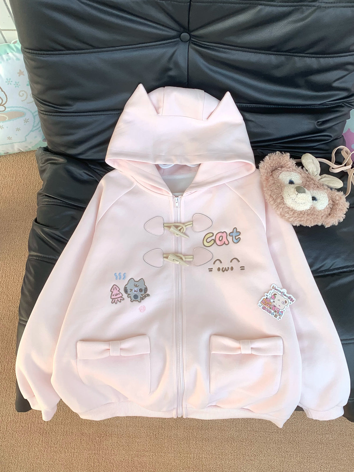 Blurred Bear - Cat Embroidered Hoodie & Mini Skirt Set hoodie Blurred Bear Pink Hoodie Only S
