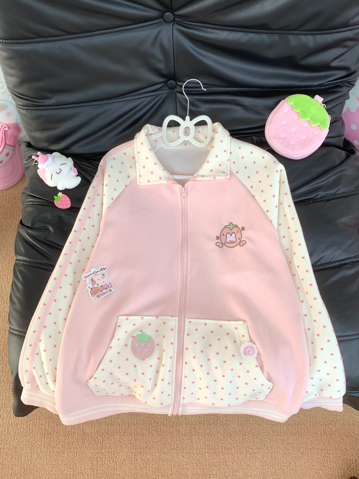 Blurred Bear - Pink Strawberry Long-Sleeve Sweatshirt/Skirt Set jacket Blurred Bear Top S
