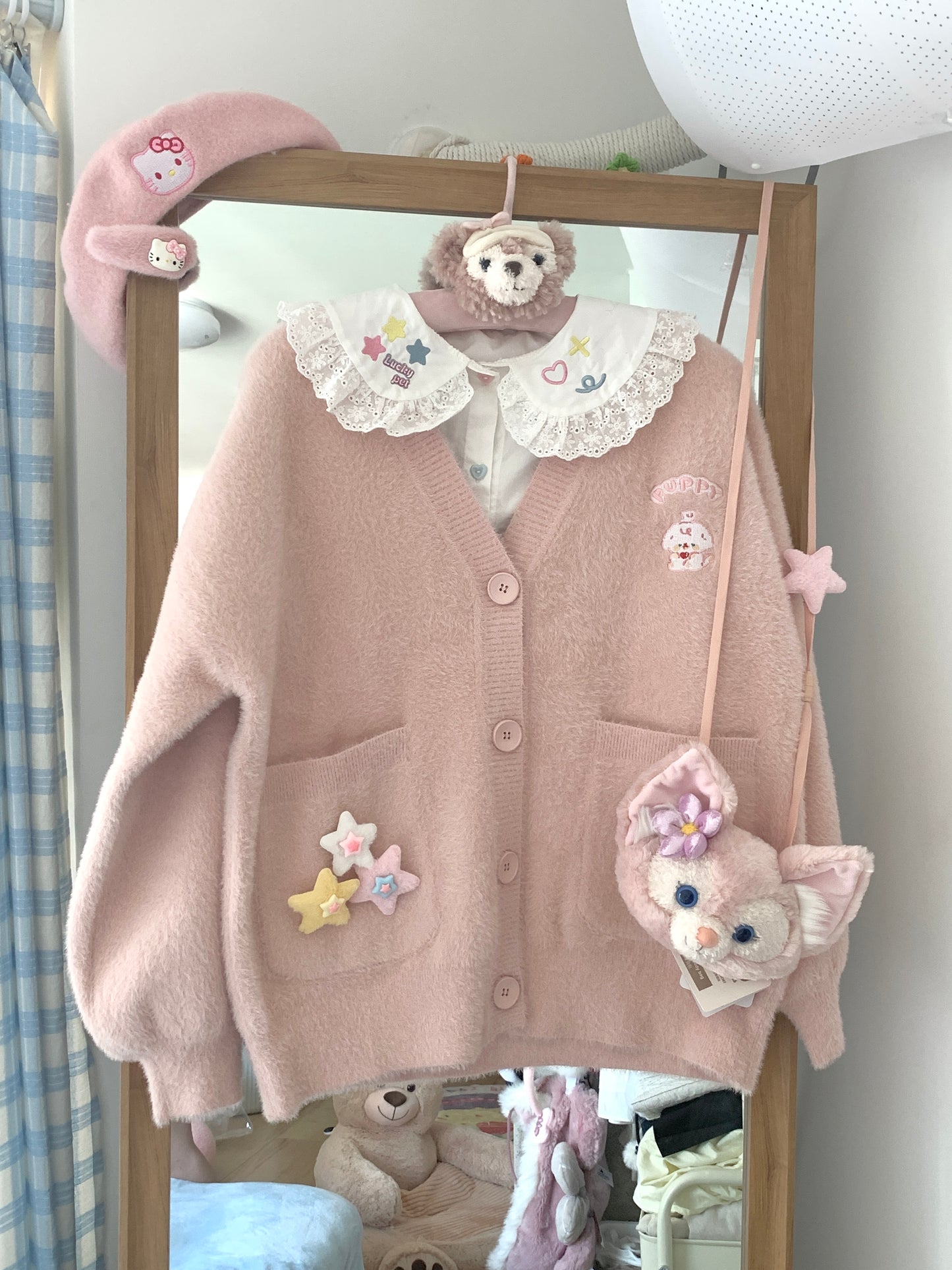Blurred Bear - Kawaii Embroidered Fuzzy Knit Cardigan cardigan Blurred Bear Pink Cardigan Only S