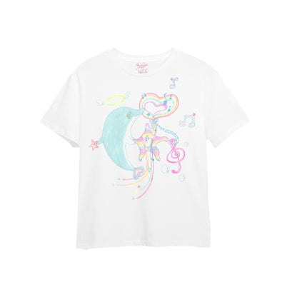 Meugler Animal Paradise Dolphin Moon Cartoon Hand-Drawn Print White T-Shirt (Couples Tee)