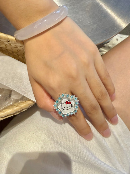 Salty Gummy - Y2K Kitty Rhinestone Ring Adjustable Cute Bling ring Salty Gummy Flower Kitty