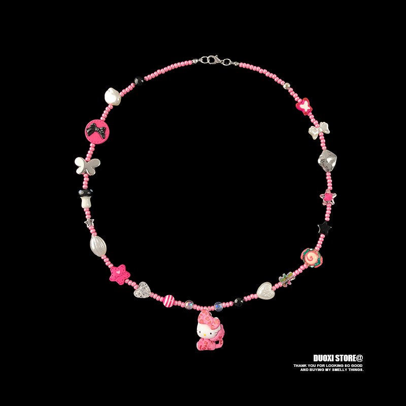 DuoXi - Decora Kei Beaded Kitty Bunny Cartoon Necklace Colorful Cute necklace DuoXi Rose Red Kitty Necklace