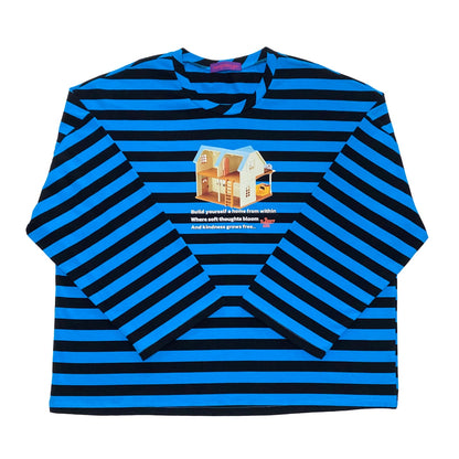 BunnyBunnyGun - Y2K Oversize Long Sleeve T Shirt Blue Black Stripes Shirt shirt bunnybunnygun