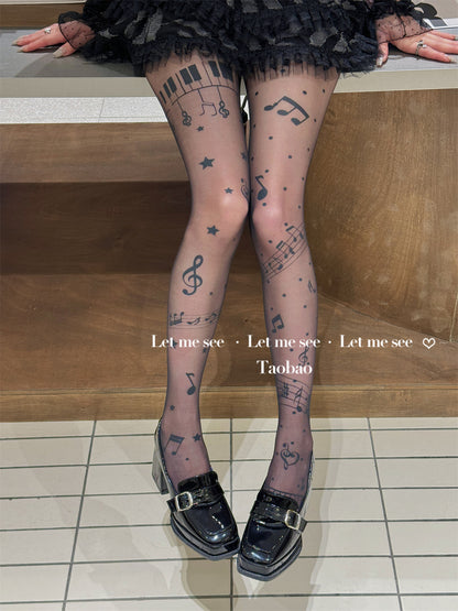 LET ME SEE Original Music Note Print Tights | Subculture Y2K Black Sheer Pantyhose tights let me see Black