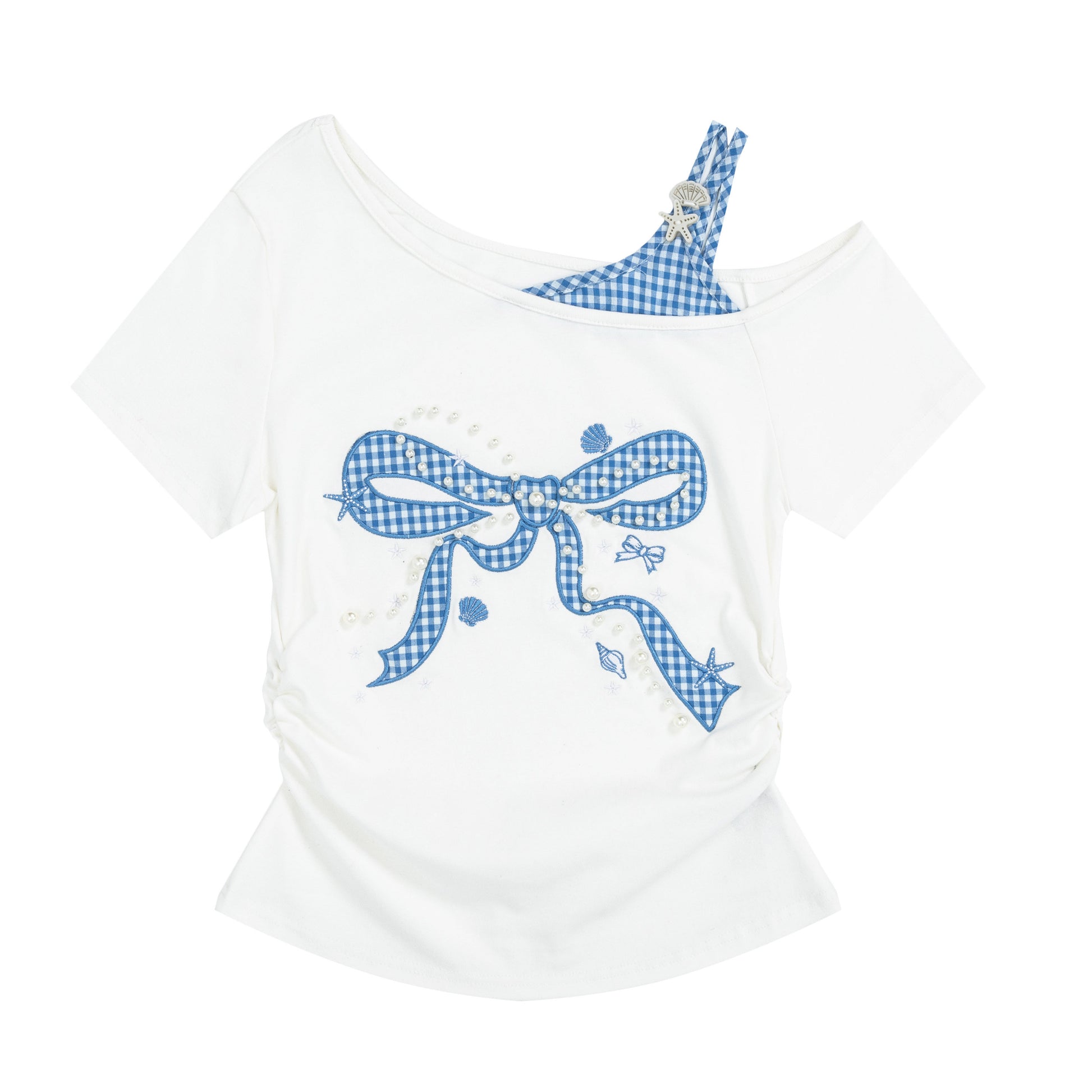 Languid Park - Plaid Rhinestone Off Shoulder Tee shirt Languid Park White S