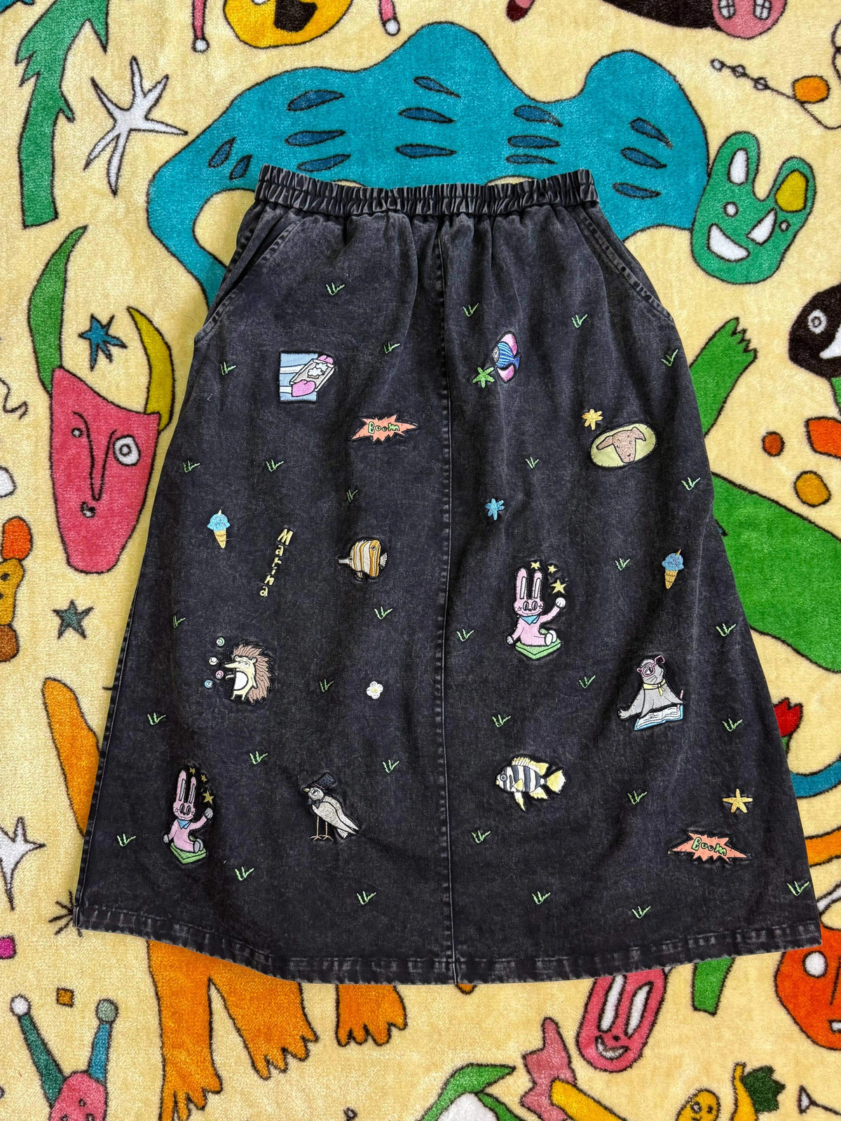 Robootoo - Embroidered Animal Denim A-Line Skirt
